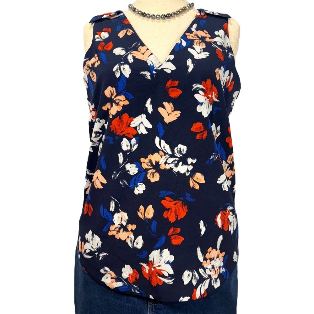 Banana Republic Floral Sleeveless Blouse Womens M Bow Tied Shoulders Deep V Back